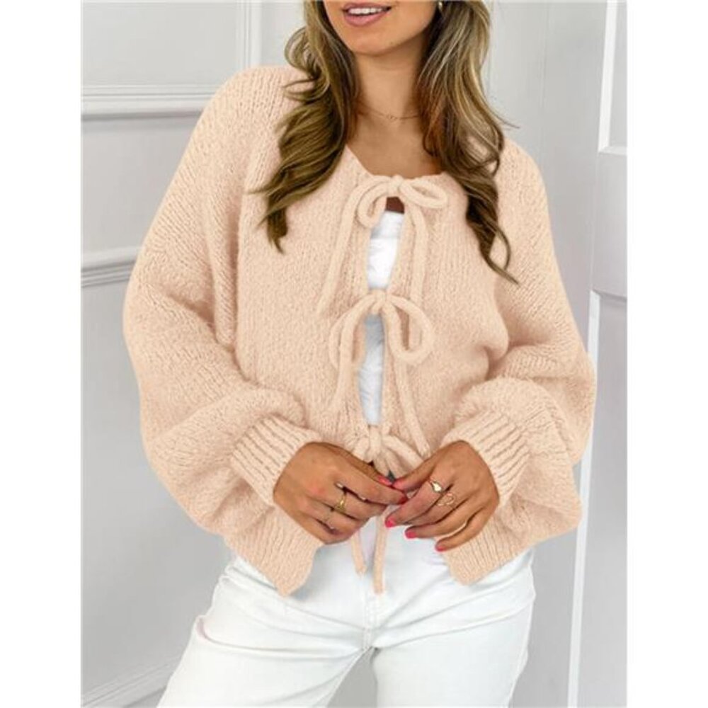 NEW Women's Tie Front Bow Cardigan Sweaters Chunky Knit Long Puff Sleeve Trendy - Picture 4 of 6